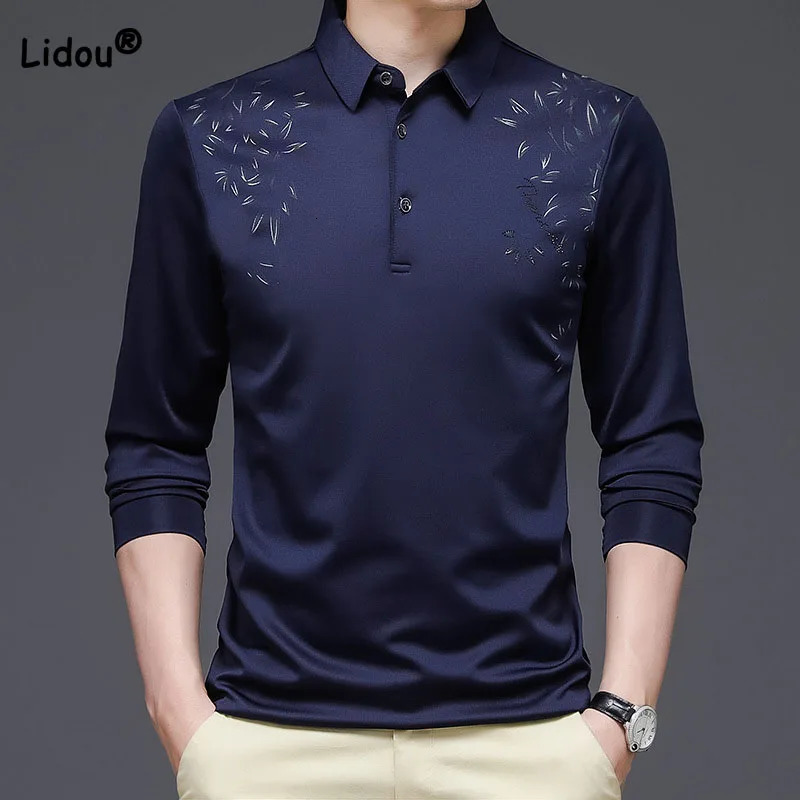 Business office casual polo shirt mens fashion trend long sleeved printed patch work Tshirt spring and autumn clothing 240807