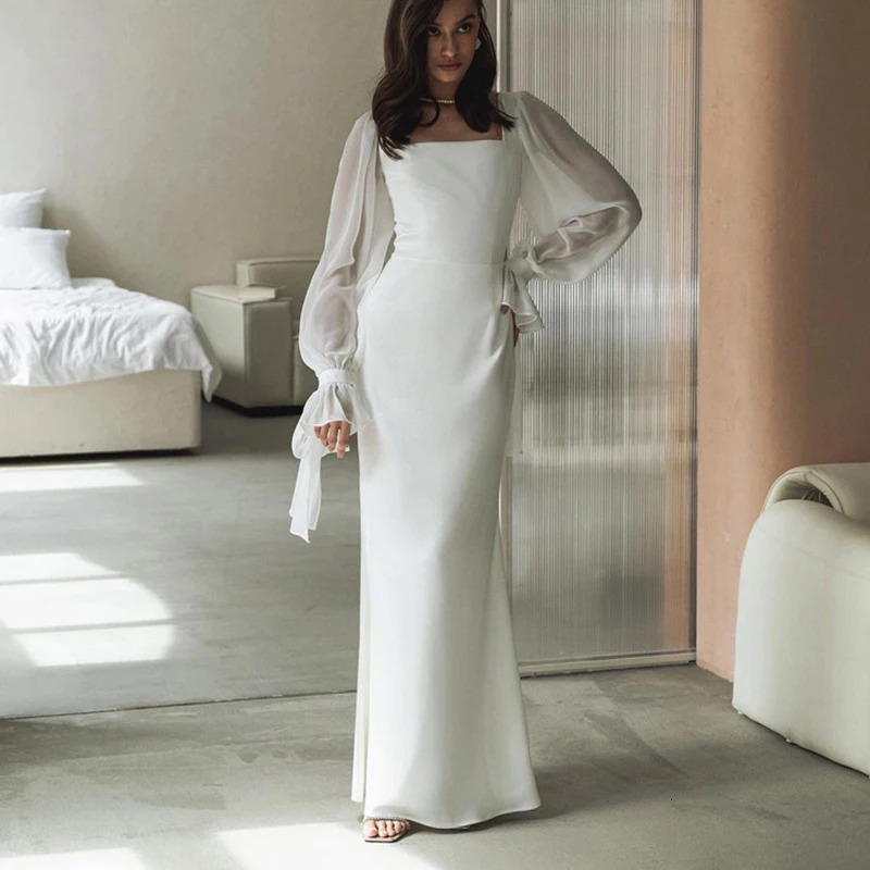 White Office Women Dress Fashion Slim Square Collar Long Sleeve Ankle Length Dresses Spring Female Clothing Dress 240807