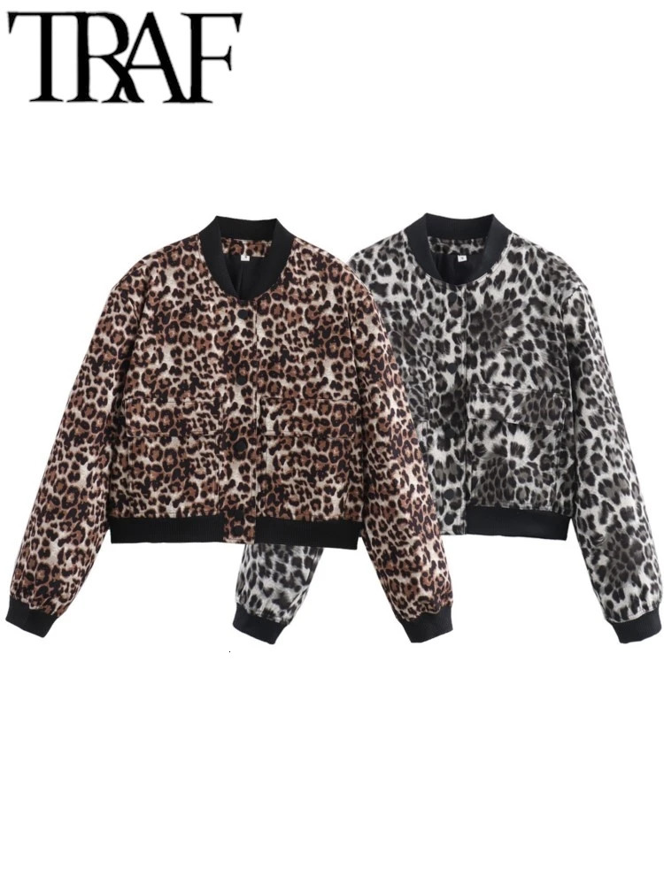 Traf Women Fashion Leopard Bomber Jacket Line Femelle Long Manche Long Pocte de bouton Collier de support Y2K AUTOM