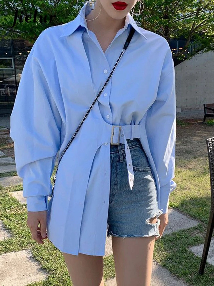 Jielur Chemises femmes Tempérament lâche Vêtements de style coréen Tops et chemisiers solides décontractés élégants asymétriques chic 240807