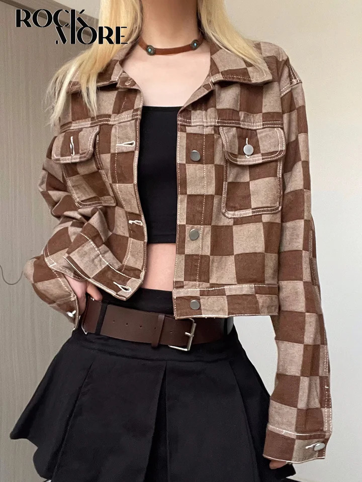 Rockmore y2k Contrast Plaid Denim Jackets Korean Streetwear Long Sleeves Pockets Cropped Jean WomenS Coats Casual Retro Outfits 240807