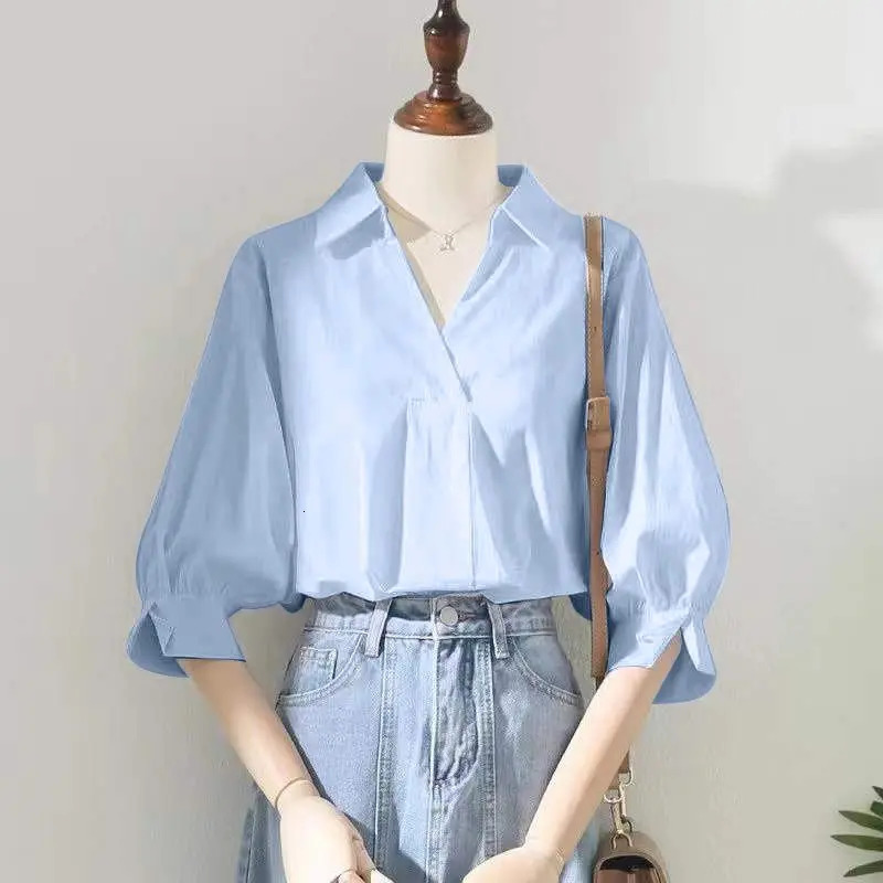 Women Summer Simplicity Office Lady Loose All-match Solid Color V-neck 3/4 Sleeve Shirts Women Clothes Casual Appear Thin Tops 240807