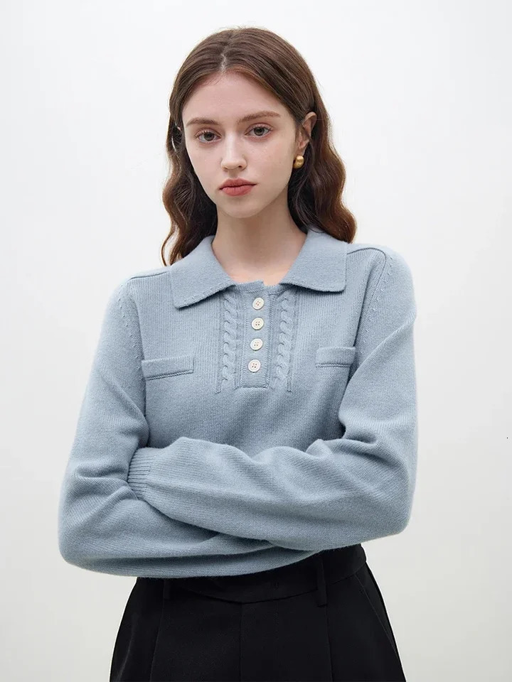 FSLE French casual style polo collar solid color womens sweater 2023 autumn and winter soft wax latte 240807