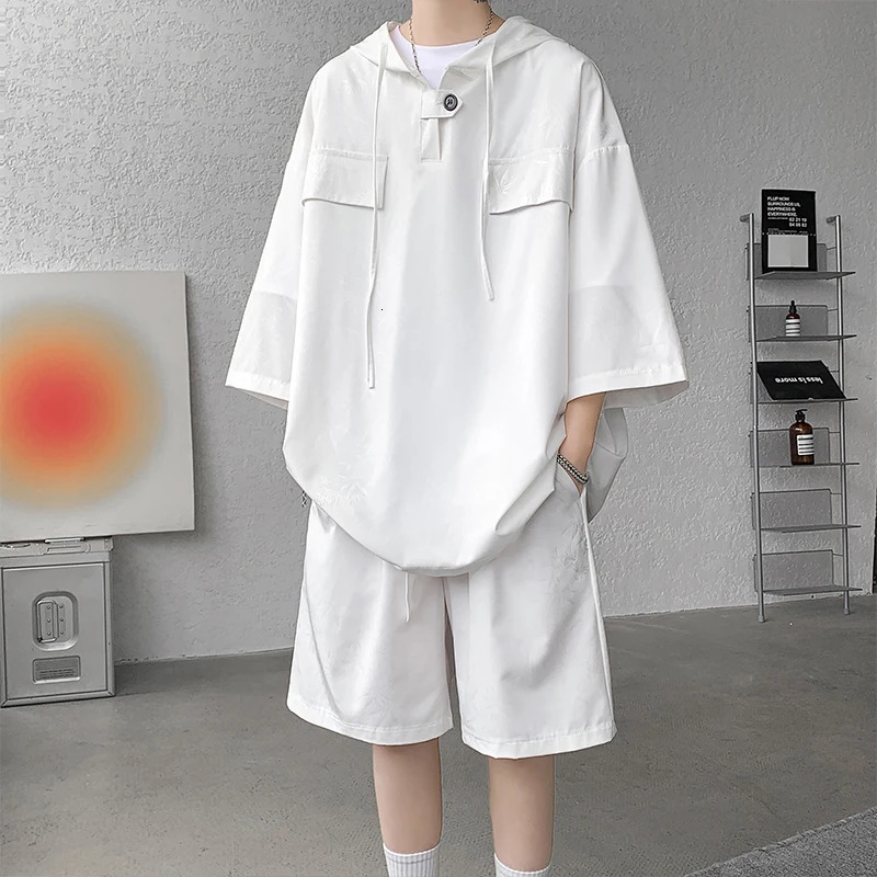 M-5XL Plus Size Mens Tracksuit Set Casual Sports Shorts with Plain Pullover Hoody T-shirt Leaves Printing Summer Clothing XXXXXL 240806