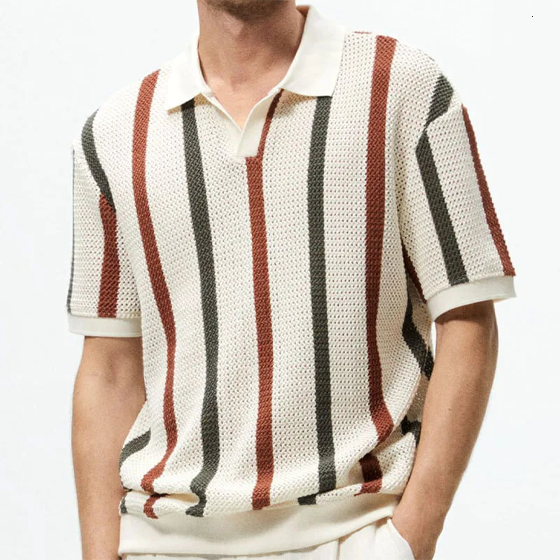 Sexy creux hommes tricoté Polo T-shirt creux respirant tricoté T-shirt haut rayé couleur contraste affaires pull décontracté 240807