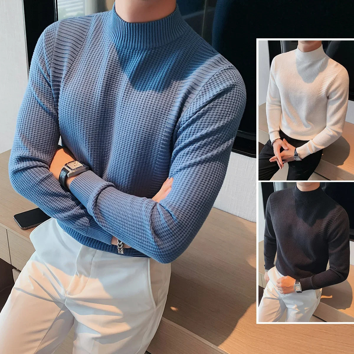 AutumnWinter Korean Half Polo Turtle Neck Ultra Thin Fit Base Top Middle Pull Flower Color Knitted Sweater Trendy Mens Style 240807