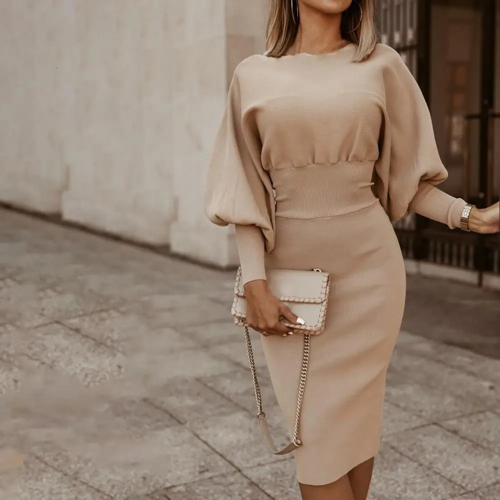 Winter Dress Round Neck Pullover Dress High Waist Knee Length Office Dress Trendy Women Warm Pullover Dress for Work 240807