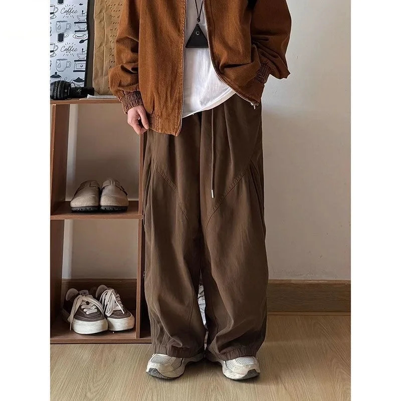 Japan Korean Fashion Vintage Solid Baggy Cargo Pants Men Spring Mens Wide-leg Oversized Casual Pants Y2k Men Clothing 240807