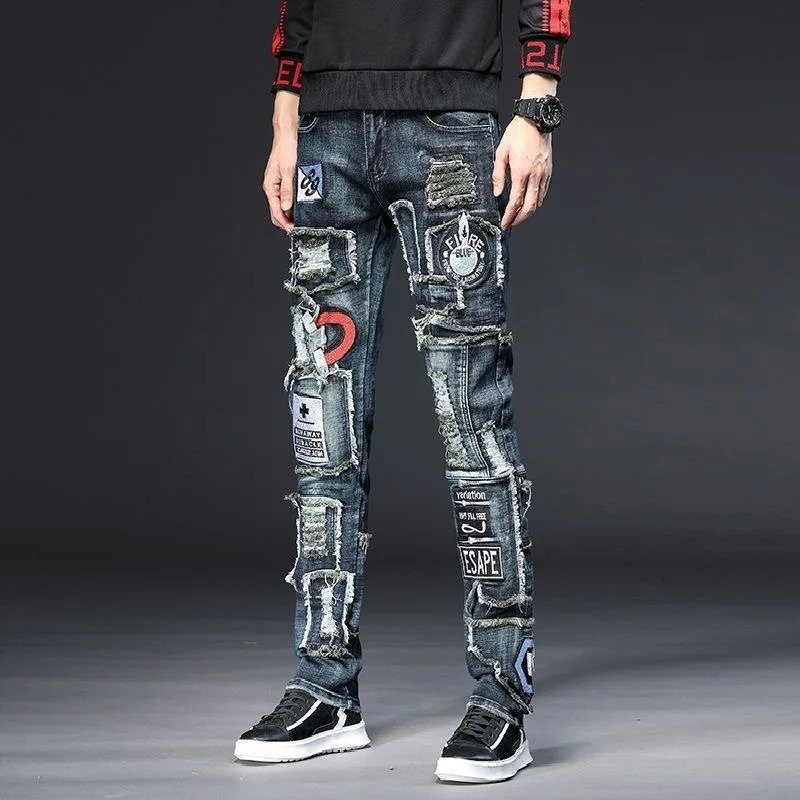 Spring and Autumn Fashion Trend Ripped Stitching Jeans Men Casual Slim Comfortable Breathable High-Quality Pants 28-36 240806