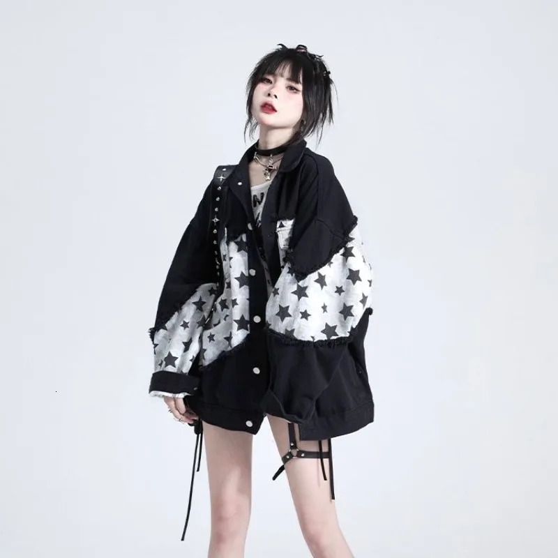 Fashion Star Print Contrast Patchwork Denim veste femme Y2K Retro Street Style Loose Loose Coréen Trendy Veste décontractée 240807