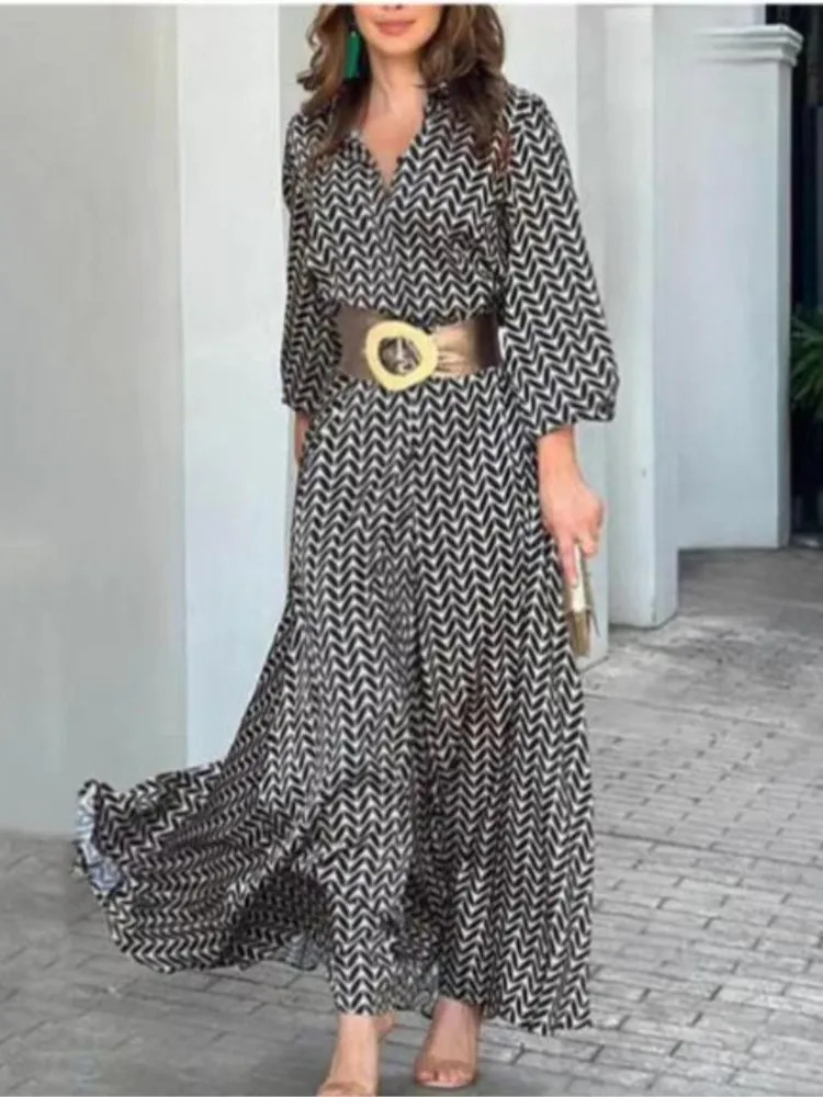 Robe d'automne printemps en noir et blanc imprimé vintage élégant V Neck Fashion Fashion Gathering Femmes Slim Long Robes MSCHUH 240807