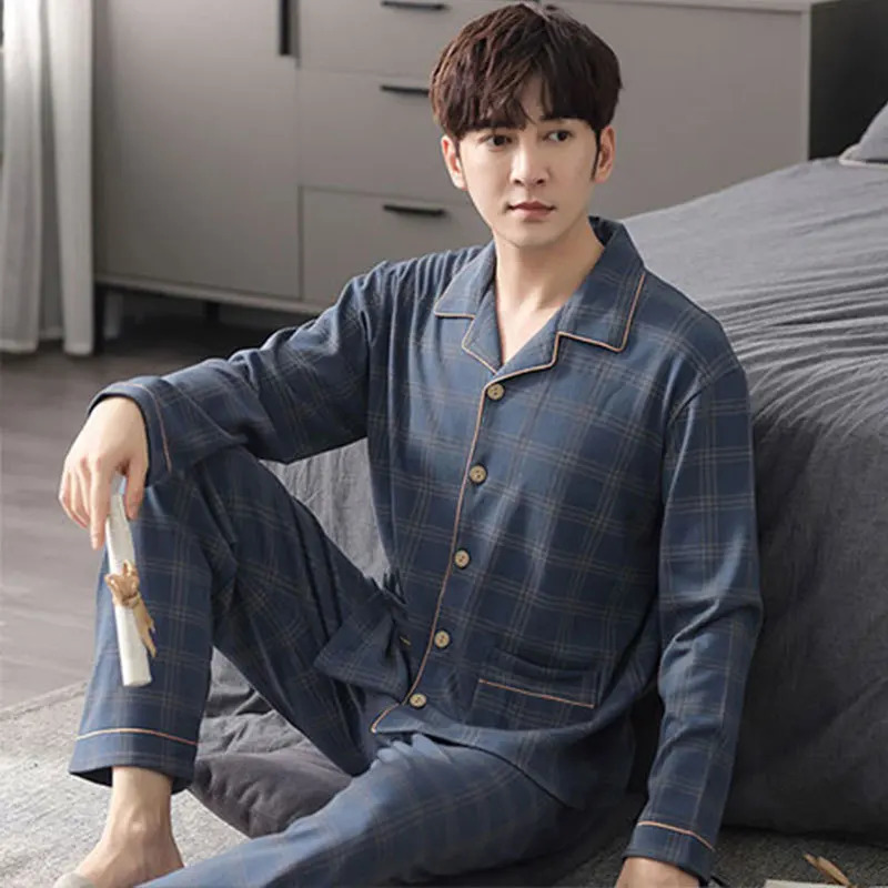 Mens Pajama Set Spring and Autumn Long Sleeve Soft Collar Button Flat Knitted Open Hemp Casual Loose 240806