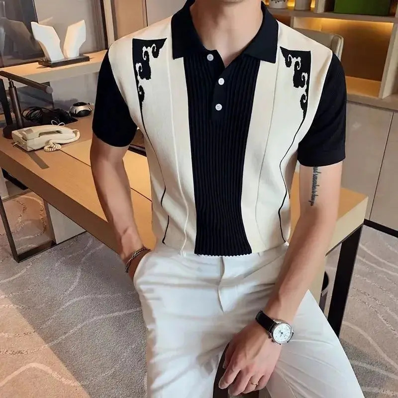 Tendance de mode coréenne d'été Slim Fit Mens Couleur Blocage de style ethnique plissé Jacquard Polo en tricot à manches courtes 240807