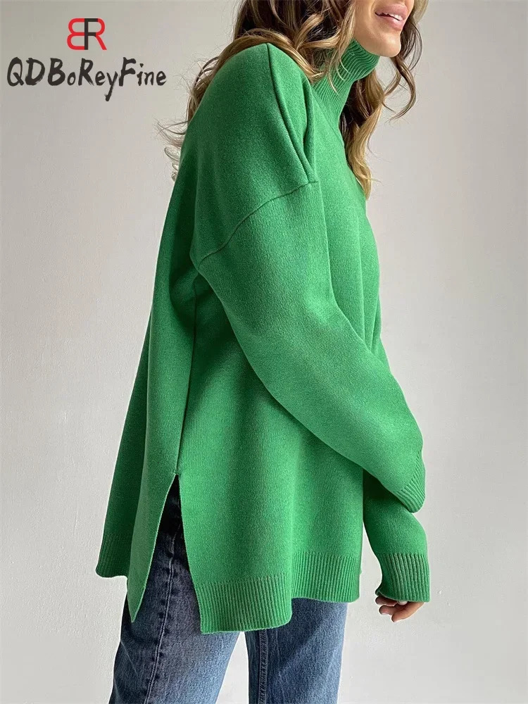 Autumn Womens Knitted Turtleneck Casual Long Sleeve Top Korean Fashion Green Vintage Oversize Sweater Winter Elegant Lady 240808