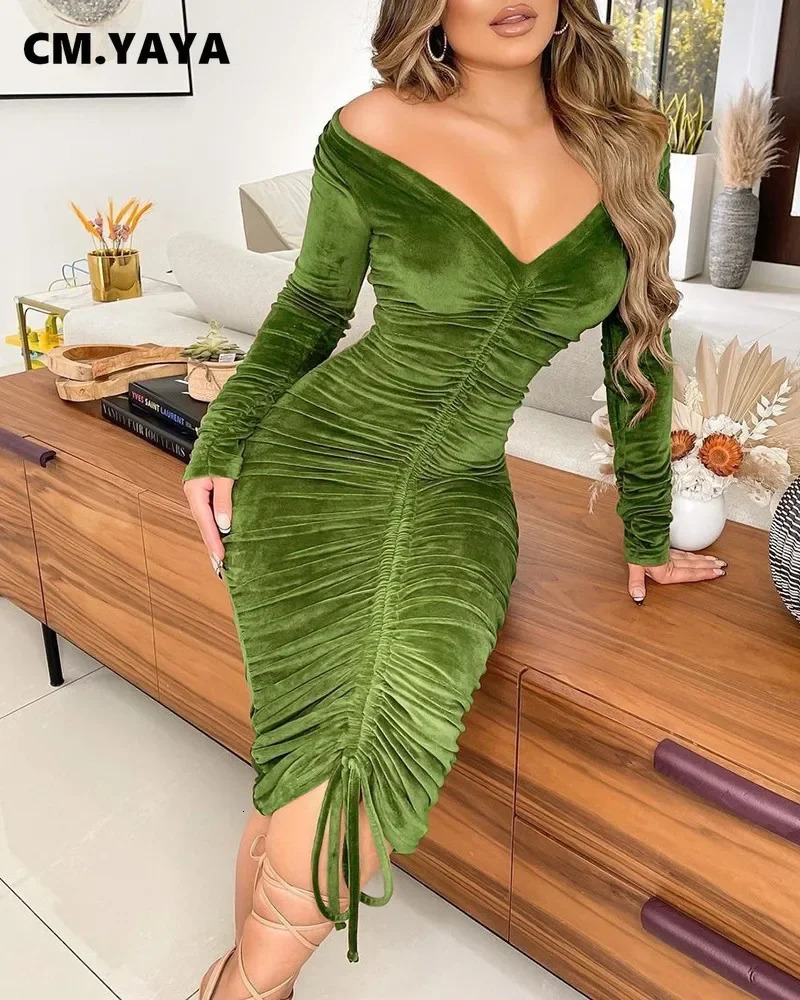 Cm.yaya Femmes Velvet DrawString Rucée sur l'épaule à manches longues Bodycon MIDI Robe Sexy Party Club Night Craye Robes 240808