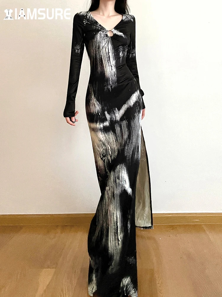 IAMSURE Slim Hollow Out Printed Split Dress Holiday Sexy V-Neck Long Sleeve Maxi Dresses For Women Autumn Spring Ladies 240808