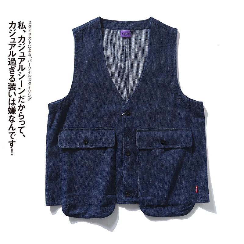 American retro workwear denim vest mens and womens large pocket Vneck INS jacket Y2k 240807