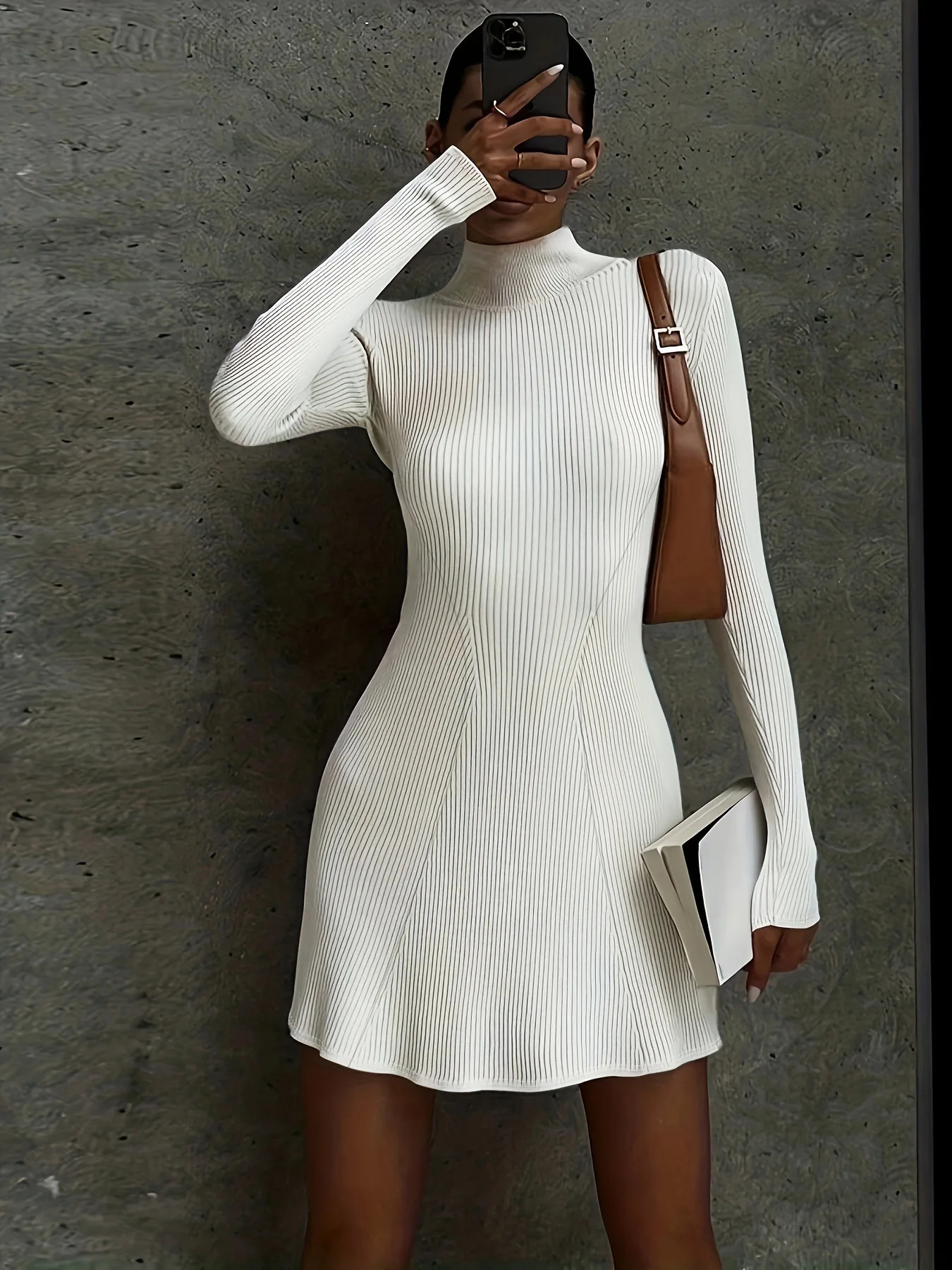 Winter Slimming Long sleeved Knitted Dress Womens Solid Color Tight and Sexy Wrapped Hip Skirt 240808