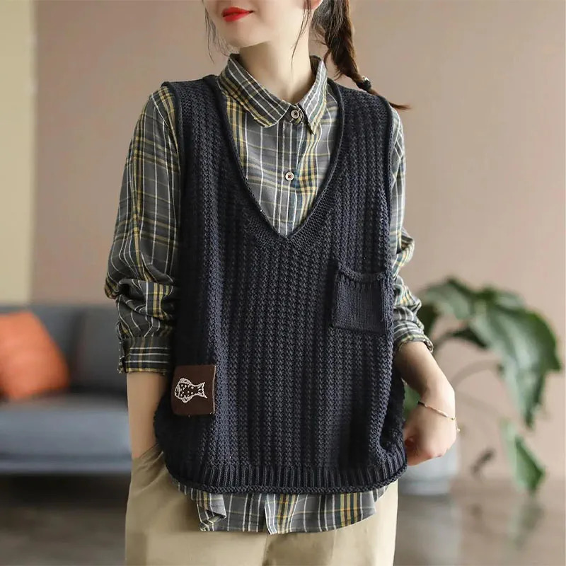 Vintage Women Knitted Sleeveless Sweaters Vest Spring Autumn Fashion Loose Pullover V-Neck Korean Oversized Casual Tops 240808