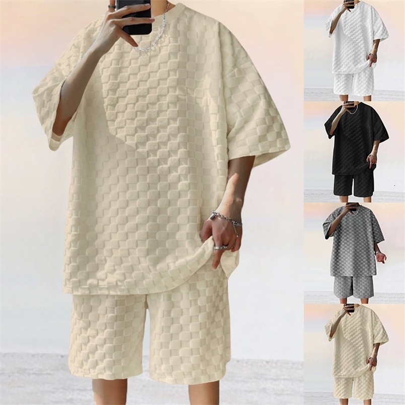 Mens strapless O-neck knitted top and shorts set classic American street heavy oversized casual set240807
