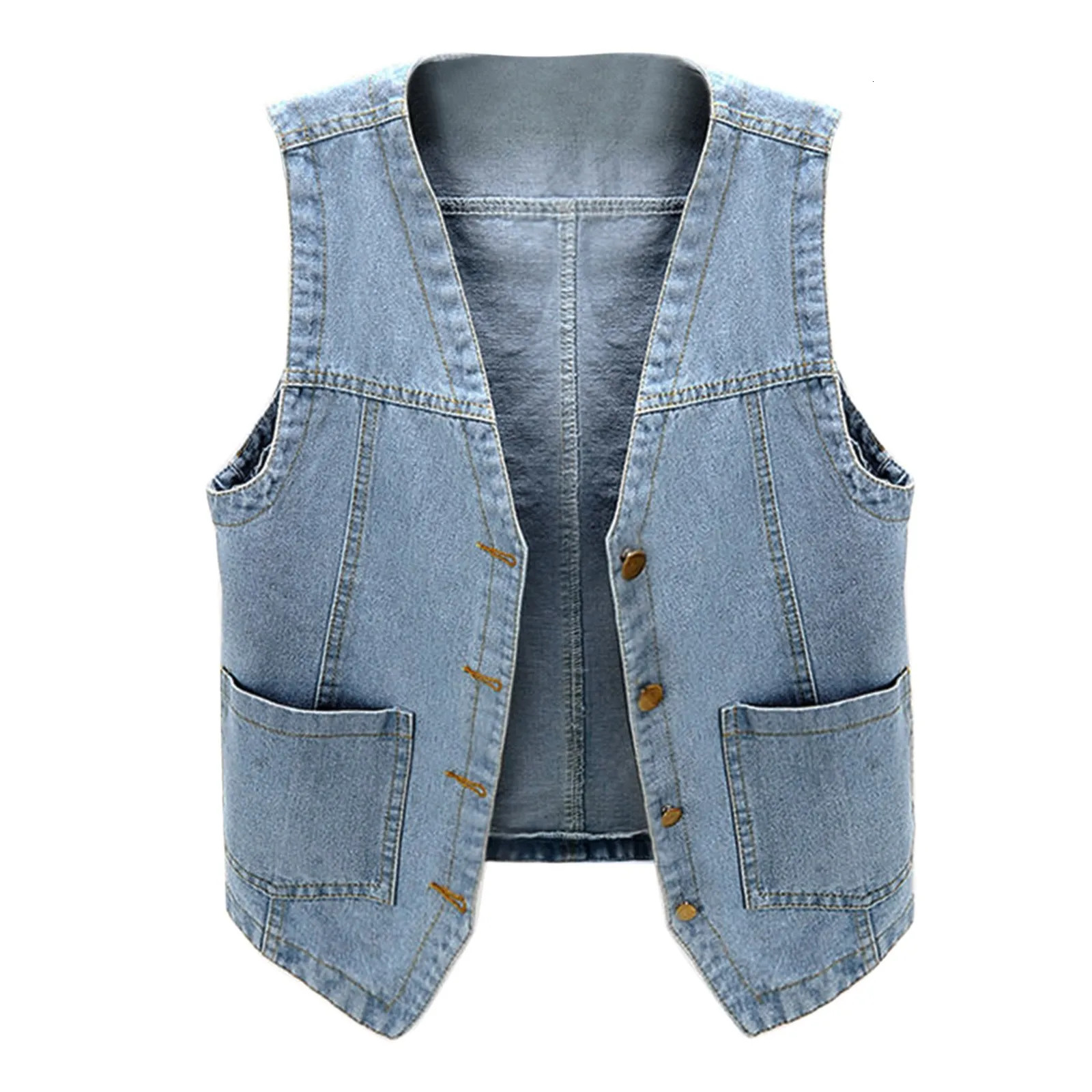 Plus Size Women Front Button Denim Waistcoat Vintage V Neck Sleeveless Denim Vest Female Autumn Outerwear Cardigan Tops Casaco 240808