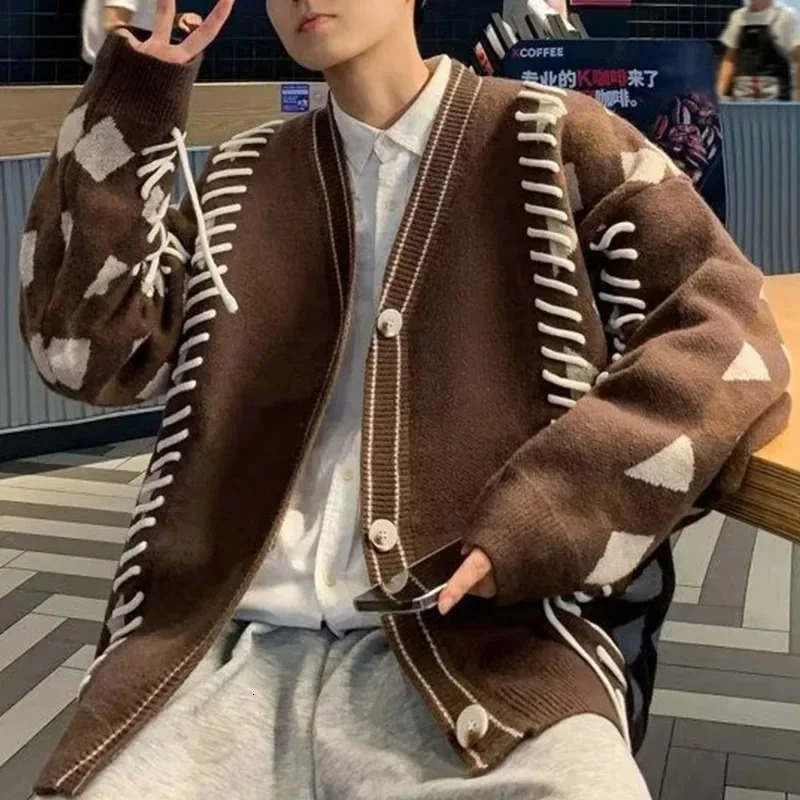 Korean Fashion Y2K Mens Cardigan Streetwear Knitted Sweater Men Long Sleeve Pullovers V-Neck Autumn Coat Man Retro Male Clothes 240808