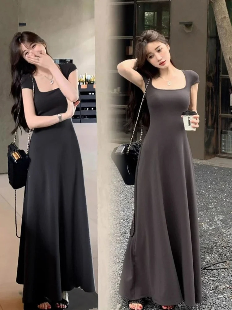 Ptkpcc Summer Summer Fixed Elegant French French Style Womens Grey Short à manches Couille de réservoir Longue robe sexy 240808