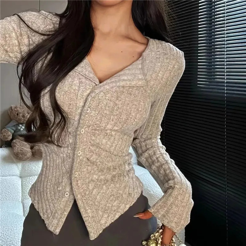 Y2k Cardigan tricoté pour femmes, pull à col, manteau Vintage à manches longues, haut à simple boutonnage, mode automne filles, pull en tricot 24