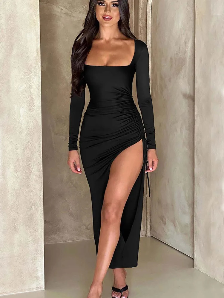 Manches longues ruched High Split Maxi Robe Femmes Collier carré Collier TrawString Bodycon Sexy Party Long Robe Elegant Automne 240808