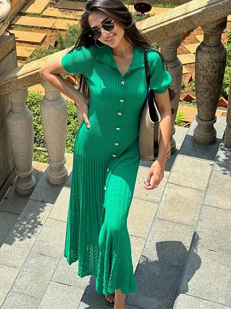 Chic Patchwork Knitted Maxi Dress For Women elegant Short Sleeve Hollow Out Ribbed Long Dresses O-Neck High Waist Lady Knitwear 240808