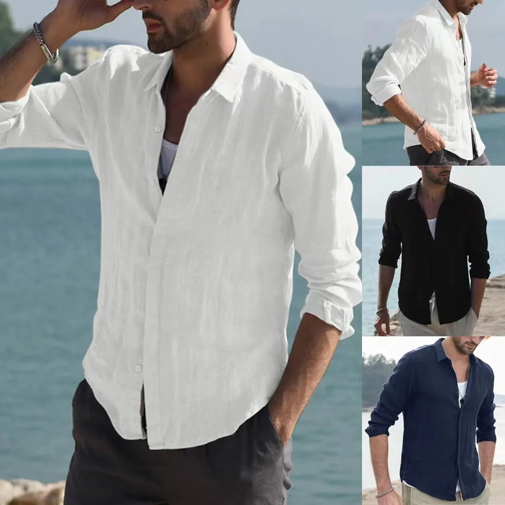 Mens medieval clothing bag cotton linen blend pocket casual solid long sleeved retro top mens Hawaiian shirt S-2XL240807
