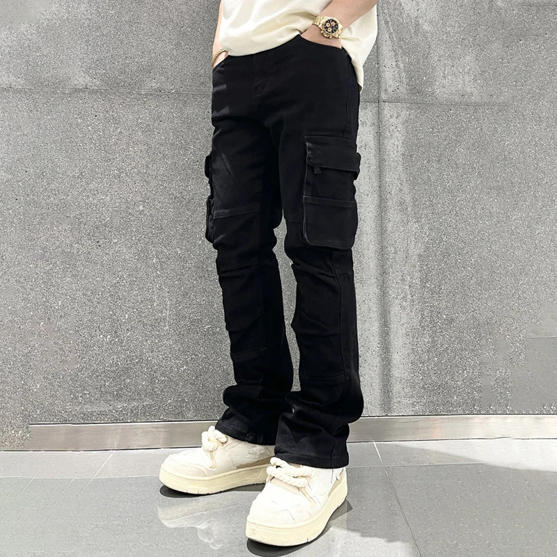 Intelligent black cargo jeans mens ultra-thin set straight pocket pants with side pockets Y2K clothing240807