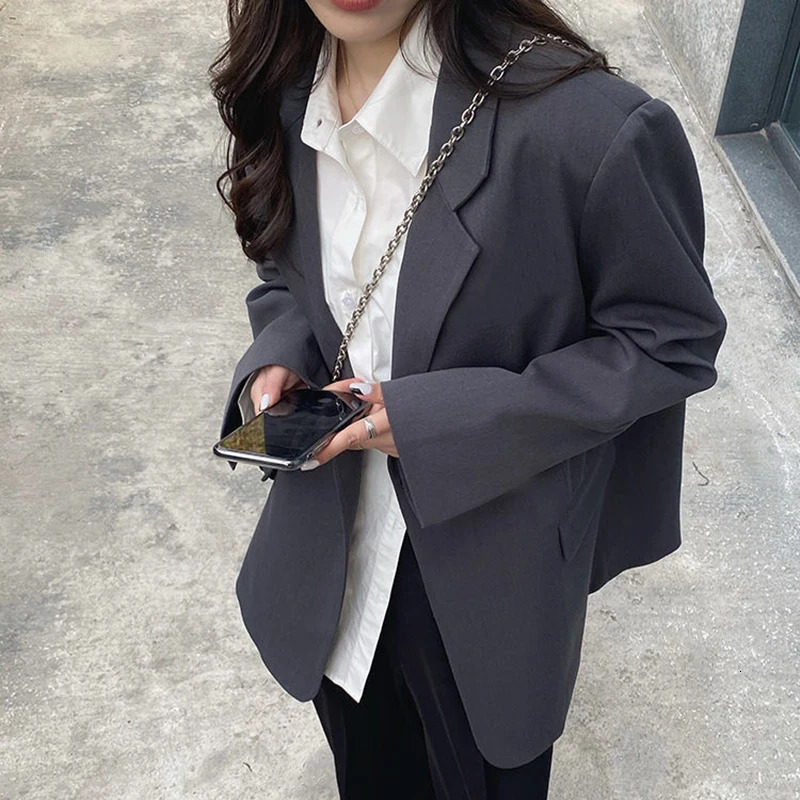 Xpqbb Korean Fashion Womens Blazer Jacket Spring Casual Loose Gray Blazers Female Retro High Street Long Sleeve Suit Coat 240808