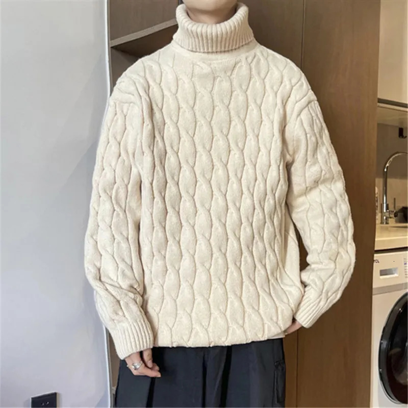Winter Turtleneck Sweater for Men Knitted Thick Warm Pulling Flower Solid Color Loose Casual Daily Clothing 5XL 240807
