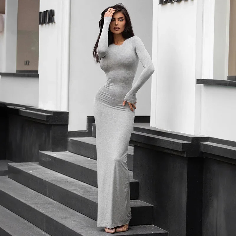 Casual Women Solid Color O Neck Long Sleeve Vestidos Sexy Mermaid Dress Autumn Winter Elegant Party Bodycon Long Dresses 240808