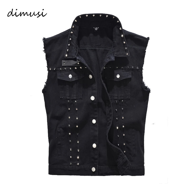 DIMUSI Spring and Autumn Mens Tank Top Retro Denim Jeans Black Sleeveless Jacket Riveted Hole Waist Coat 5XL TA338 240807