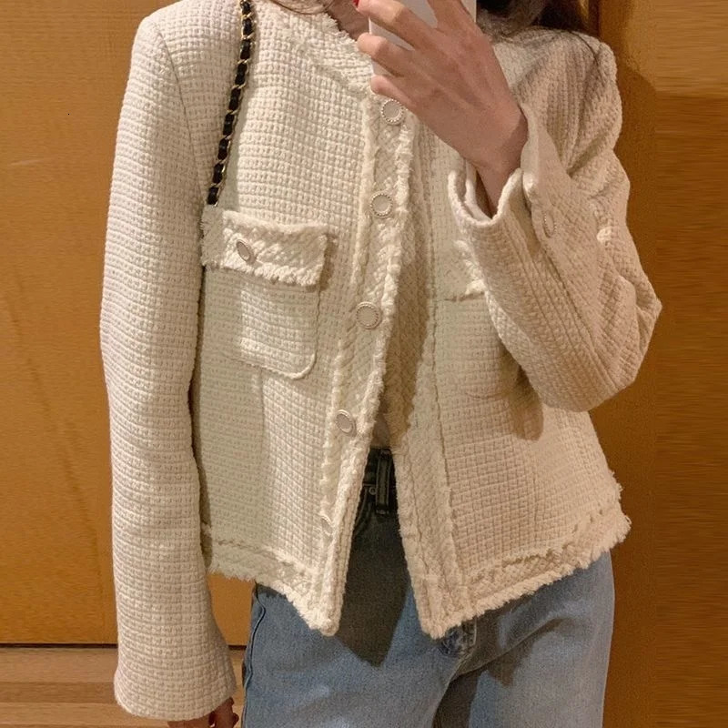 Korean casual coarse woolen jacket with double pockets and Oring cut French style elegant office womens clothing 240807