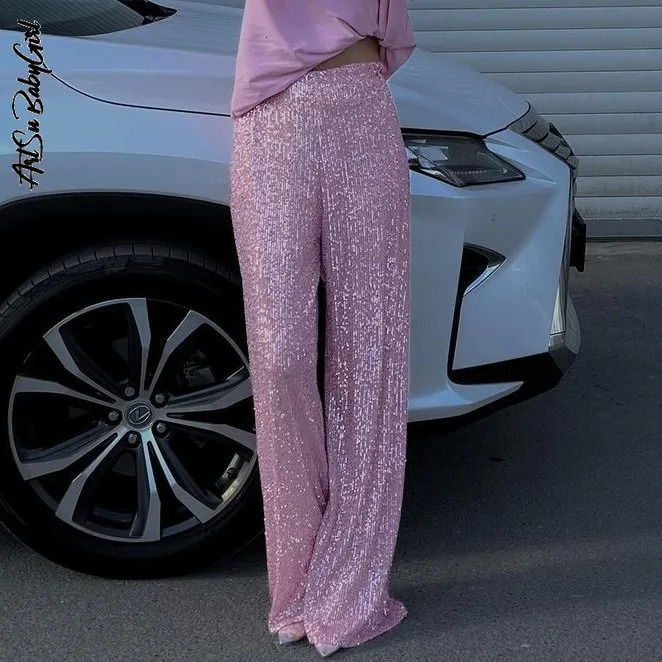 Pantalons pantalons pantalon bling bling femmes en rose solide pantalon de taille haute fête tenues en soirée streetwear pantalon noir 240808