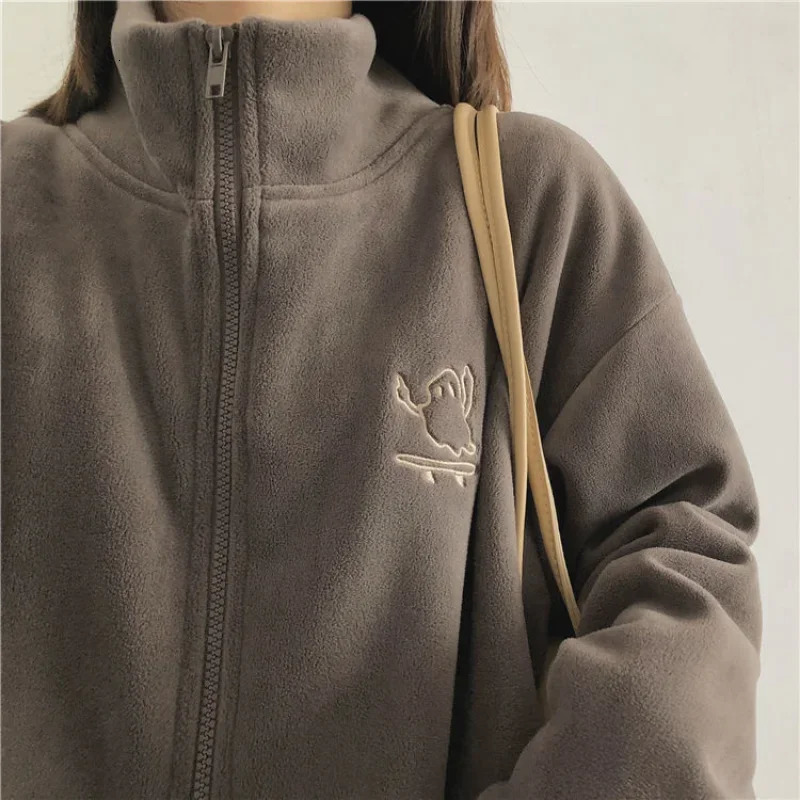 Deeptown casual wool thick hooded womens jacket autumn Korean fashion loose stand up collar zipper sweatshirt 240807