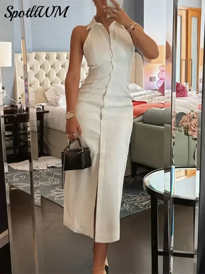 Revers sans manches simples de navette à seins simples femmes mode blanc élégant divisé robes minces dame vocation robes 240808