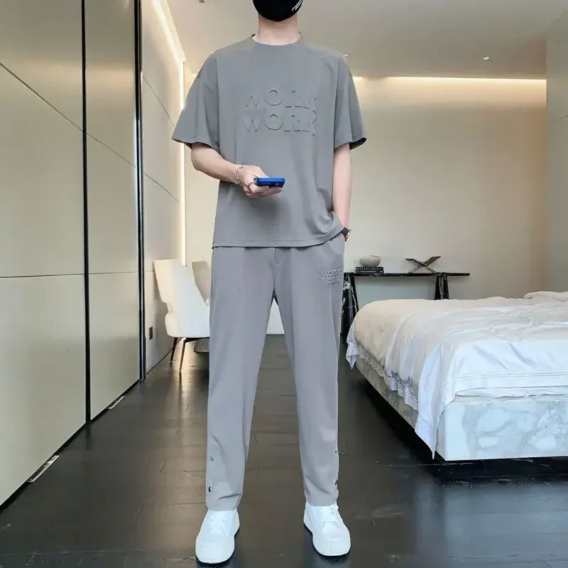 T Shirt Man Gym Tracksuit Alphabet Mens Clothing Plain Pants Sets Grey Sports Suits Basic Top Fashion Stretch Casual Xl Cotton 240808