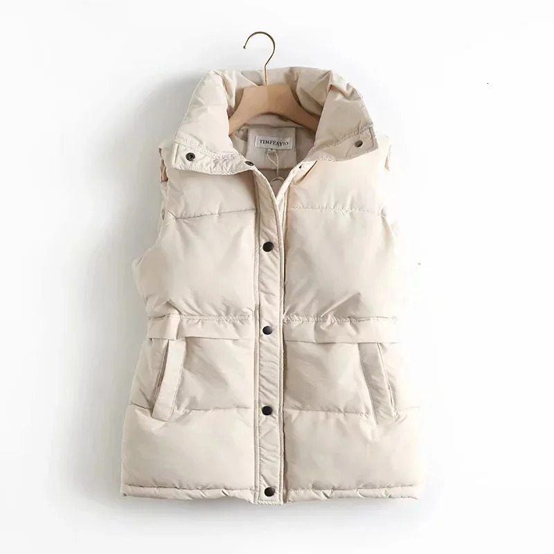 Autumn Winter Women Solid Loose Vest Drawstring Stand Collar Long Vest Jacket Cotton Padded Women Windproof Warm Waistcoat 240808