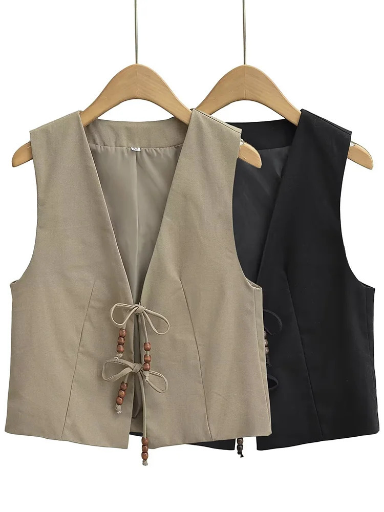 Willshela Women Fashion With Beading Army Green Lace Up Vest Sleeveless Jackets Vintage V-Neck Waistcoat Female Chic Tank Tops 240808