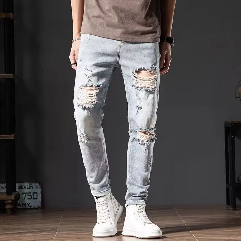 Mens 2024 washed hole torn patch work jeans street clothing light blue casual Pantalones trendsetters 240807