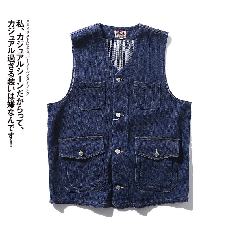 Buckle back retro denim vest mens multi pocket workwear sleeveless jacket Y2K young 100 cotton deep blue camouflage top 240807