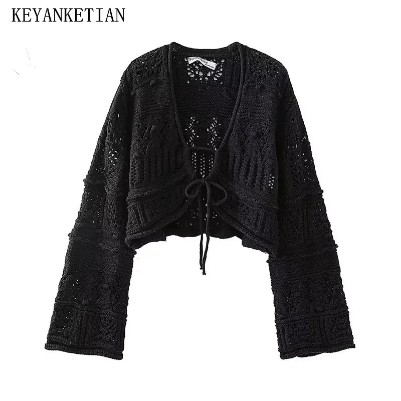 Keyanket Autumn Womens Hollow Crochet Swear Short Pull Boho Holiday Wind Flare Sleeve Black Crop Top Talit Cardigan 240808