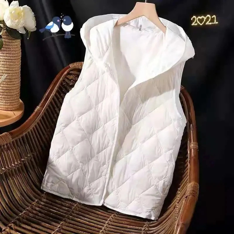 White Down Cotton Vest Jacket Women Hooded Sleeveless Padded Vest Outer Wear Autumn Winter Vest Women Waistcoat Coat 240808