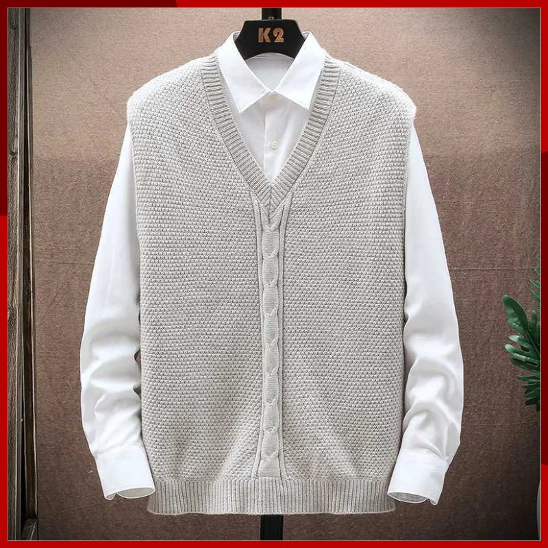 Mens sleeveless Vneck knitted sweater autumn casual pocket top trend streetwear retro Y2K mens clothing 240807