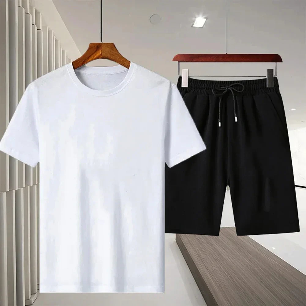 Mens short sleeved Tshirt Harajuku Y2K lightweight knitted shorts set summer casual plain couple matching clothing 240808