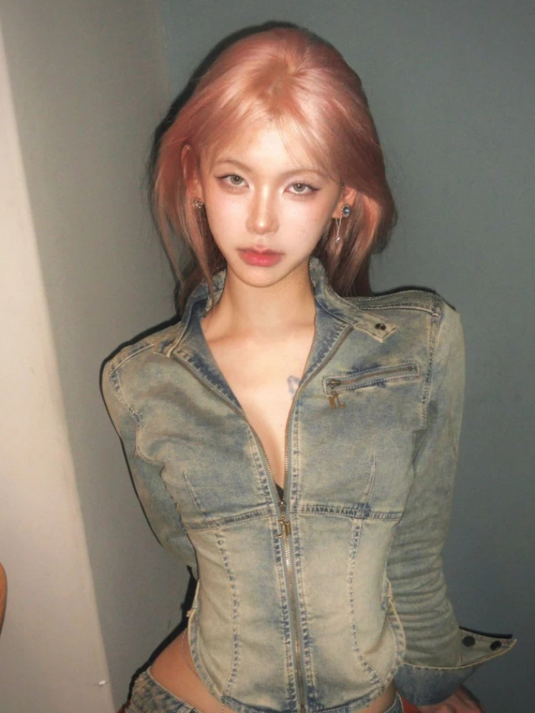 Deeptown 90s retro short denim jacket womens Harajuku Grunge ultrathin zipper Korean wash cut Y2K streetwear 240807